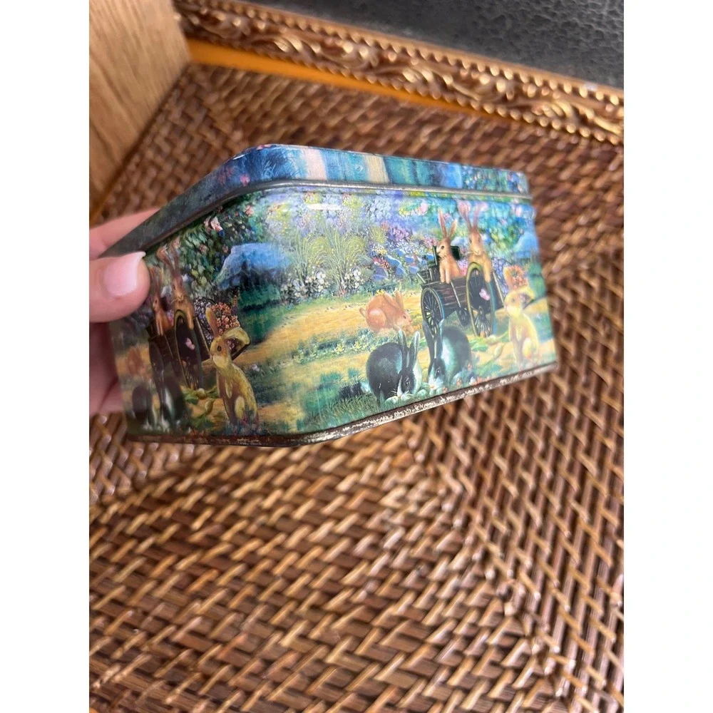 Vintage Rabbit Garden Scene Decorative Metal Tin Storage Box Cottagecore Easter